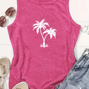 Palm Tree Summer Tank Top Rayon Polyester Spandex Blend, Women's Tropical Vacation Graphic Vest, Casual Beach Top