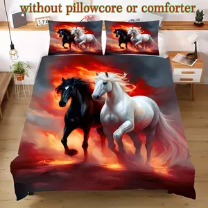 3D Printed Flame Horse Bedding Set - Soft and Breathable All-Season Polyester Bedding with Zipper Closure - Includes 1 Duvet Cover and 1/2 Pillowcases - Animal Theme, Machine Washable, Non-Shrinkable, Woven Craftsmanship - Suitable for Bedroom, Guest Room