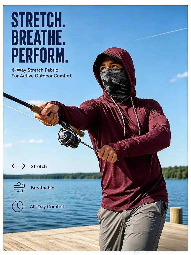 Men's 6-Pack Plain All-Season Polyester Sun Protection Long Sleeve Hooded Shirts - 4-Way Stretch Quick Dry Compression Fit Work Shirts with Built-in Face Mask & Neck Gaiter, UV Protection for Fishing, Outdoor Work