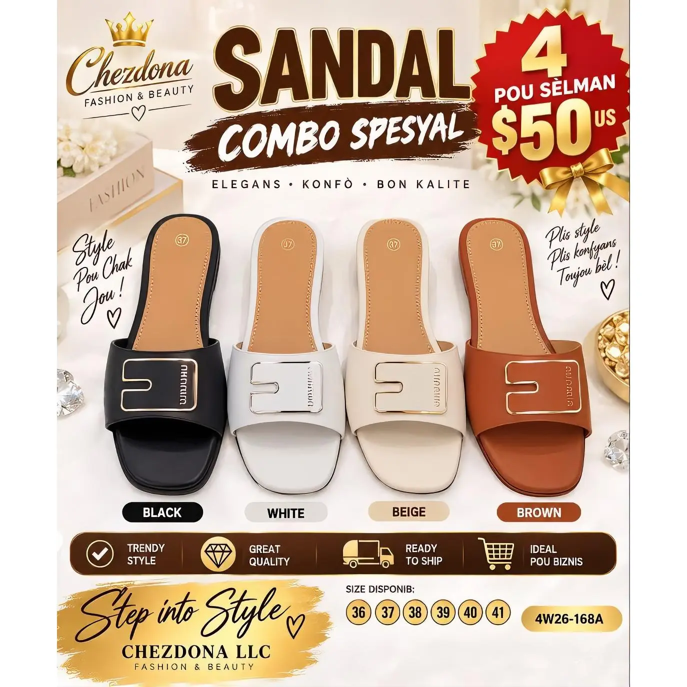 Chezdoma LLC Sandal Combo Spesyal 4 Pcs Set - Black, White, Beige, Brown - Trendy Style & Great Quality - 4W26-168A