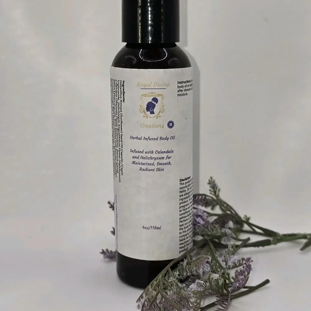 Royal Divine Herbal Body Oil - 4oz/118ml Infused with Calendula & Helichrysum for Radiant Skin Care