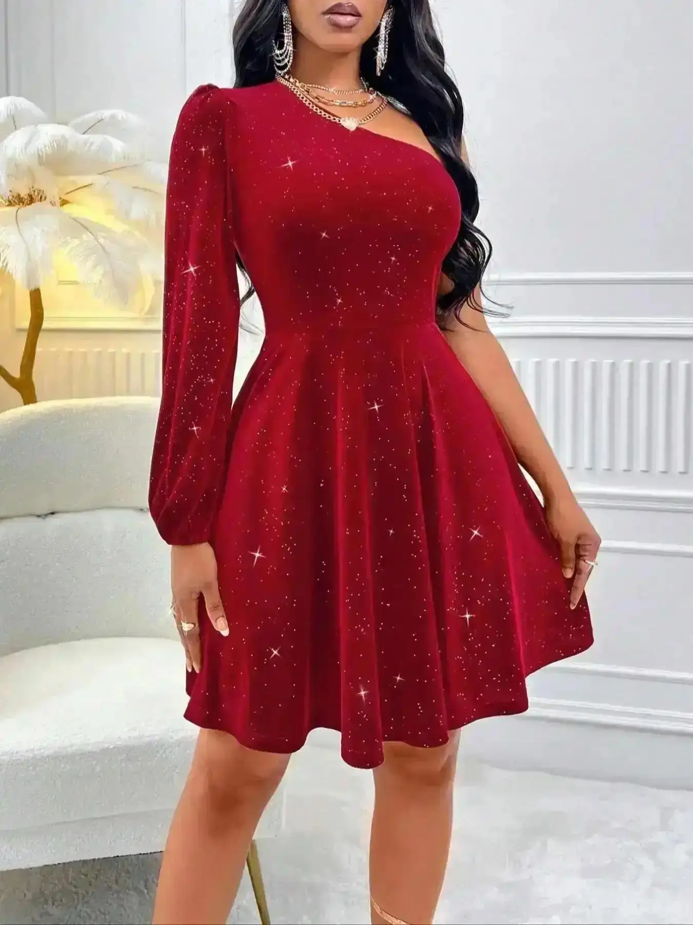 Chic 2026 Elegant Velvet Party Dress, Single Shoulder Design, Fitted Holiday Gown, Long Sleeve, Short Length, Fall & Winter Fashion, Warm Layer, Soft Touch, Snug Fit, Winter Warm, Party Outfit, Power Outfit