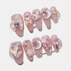 E11 Pure Desire Gentle Fairy Girl Pile Drill Nail Patch Fake Nail Piece Removable Reusable Colorful Art Solid Press on Nails with Soft Pinch Glitter Star Pattern Rhinestones Translucent Glitter