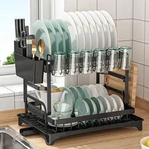 Dish Drying Rack for Kitchen Counter, Stainless Steel Sink Organization and Storage Essentials with Cutlery Holder, Home and Appartment Decor, 16.6"W x 12"D x 13"L, Black