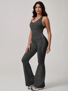 Women’s Cross Back Seamless Leopard Print Yoga Bodysuit, Four Seasons Activewear Skinny Jumpsuit with Flared Pants