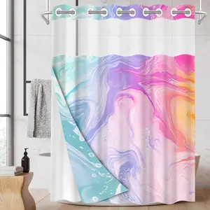 1pc hookless shower curtain with buckle lining, pink, blue, and orange color fluid gradient design, 2D flat printing, fabric waterproof lining, see-through double-layer shower curtain, 71 x 74 inches, modern home draping curtain.