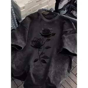 Cotton Short Sleeve Long T-Shirt, Floral Rose Flower Print Design, Loose Fit, Breathable, Street Casual Style, Perfect for Daily, Streetwear FashionGift