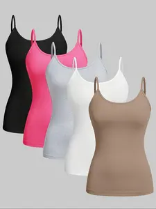 Summer Sleeveless Adjustable Strap Tank Top Set, Dopamine Color Pure Color Slim Fit Outerwear Inner Layer, 5 Piece Set