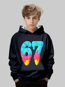 Trendy Hoodie Featuring Vibrant Design & Number-Infused Ice Cream Donut Motif, Ideal for Fall/winter Casual Wear, Long Sleeves Fitted Fit