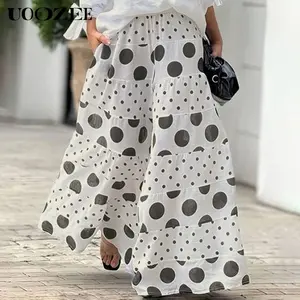 UOOZEE Women's Casual Contrast Color Elastic with Pockets, Holiday Style Fashion Polka - Dot Pure Cotton High Waists Elastic Waist Loose Trousers & Pants