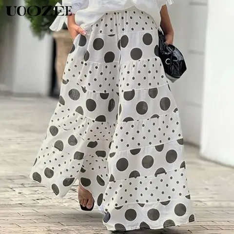 UOOZEE Women's High Waist Pure Cotton Breathable Polka Dot Casual Pants - Elastic Waist, Contrast Colorblock, Slit Pockets, Semi-Sheer, Cool All-Day Wear, Dry Clean Only, S(4), M(6), Everyday, Holiday Bottoms