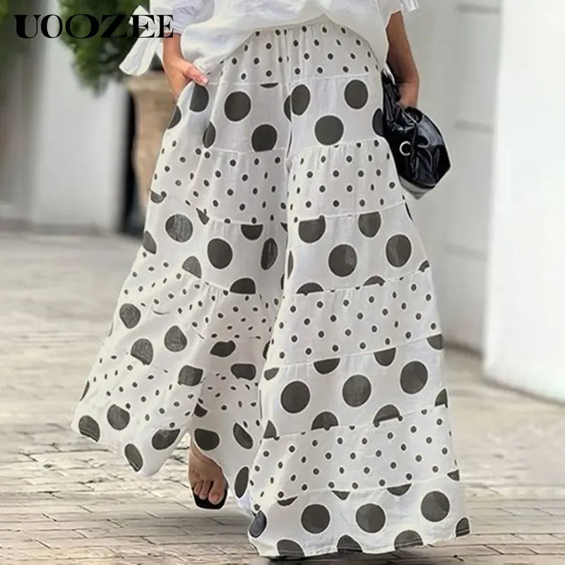 UOOZEE Women's High Waist Pure Cotton Breathable Polka Dot Casual Pants - Elastic Waist, Contrast Colorblock, Slit Pockets, Semi-Sheer, Cool All-Day Wear, Dry Clean Only, S(4), M(6), Everyday, Holiday Bottoms