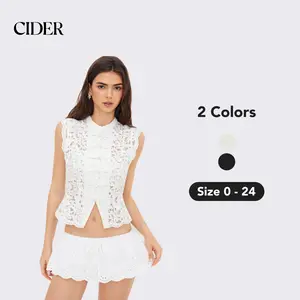 Cider Lace Mandarin Collar Guipure Split Tank Top, Women's Sleeveless Lace Design Vest for Summer Outlook, Urban Chic Summer Fashion