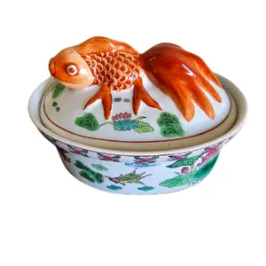 Handpainted Chinese Koi Stoneware Tureen Casserole Dish Porcelain