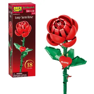 Brickcraft Bricktanicals Red Long Stem Rose Building Set, 102-Piece Buildable Flower with Heart Pendant, Valentine's Gift for Her, Ages 8+