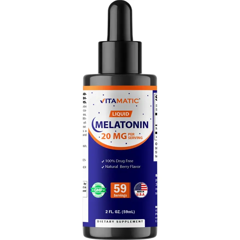Vitamatic Bioavailable Liquid Melatonin 20mg, Natural Berry Flavor, Sugar-Free, Sodium-Free, 2 fl oz (59 mL) for Relaxation Support