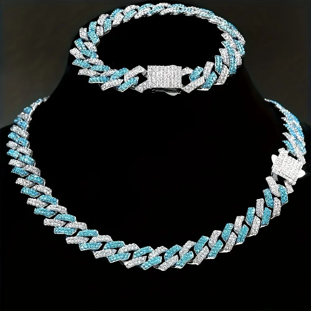 Full Set Synthetic Synthetic Cubic Zirconiaia Inlaid Blue White Cuban Link Chain Necklace Bracelet Set, Hip Hop Style Unisex Jewelry, Christmas Birthday Gift for Him Her, Durable Friendship Couples Present, Party Concert Daily Wear