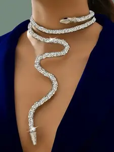 Full Rhinestone Snake Necklace, Luxurious Sexy Style, Long Pendant Wraparound Neck Chain, Party Dance Dress Accessory