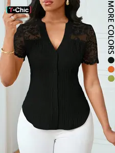 Women's Solid Color Simple Basic Minimalist Everyday Commuter Casual Button Front Fitted Shirt Summer Style, Ladies Plain Design Office Wear, Comfortable, Soft and Stylish Blouse Tops Womenswear