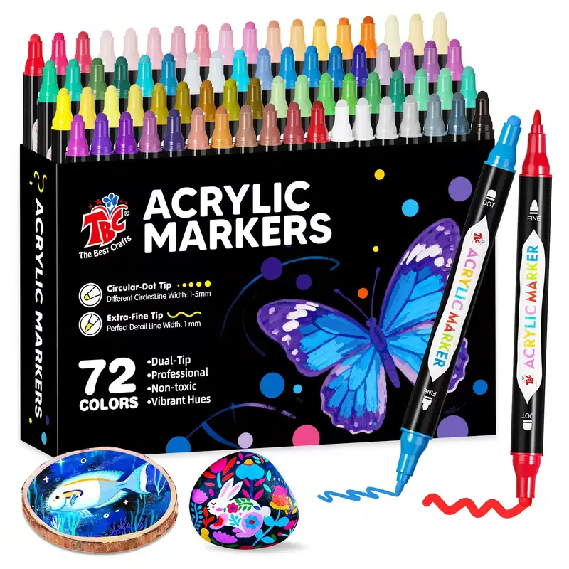 TBC The Best Crafts 72-Colors Dual Tip Acrylic Paint Markers, Brush & Fine Tip, Waterproof Non Toxic Paint Pens for Rock Wood Glass Canvas DIY Crafts Art Supplies