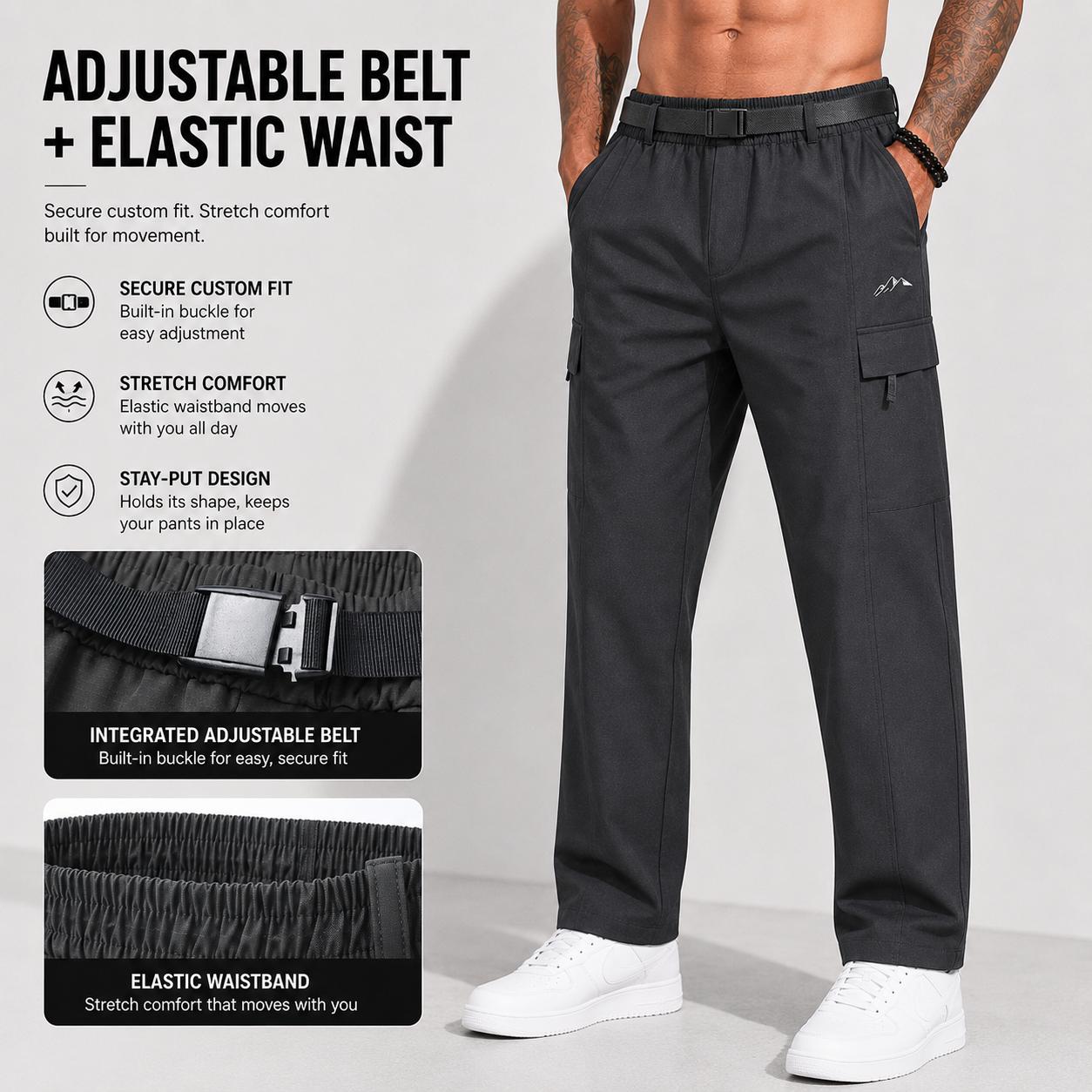 3-pack men’s loose, comfortable cargo pants with belt included; elastic waistband, multi-pocket casual design; waterproof/windproof/colorfast/no pilling/non-deformed/durable/stain-resistant/lightweight; straight-leg—essential for outdoor, casual, travel,