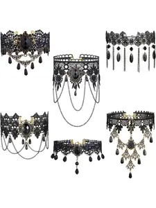 6 Pcs Black Lace Fashionable Necklaces Vampire Costume Accessories for Women Men Vintage Punk Victorian Alloy Necklace Set Halloween Gothic Chokers Necklaces Black Lace Necklace Retro Steampunk Jewelry