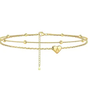 GANIA 14k gold-plated ankle chain, layered heart-shaped foot chain with beaded foot chain, alphabet A to Z series. Fashionable beach accessories with waterproof and sweat-proof technology. Simple and exquisite style. Long-lasting exquisite jewelry.
