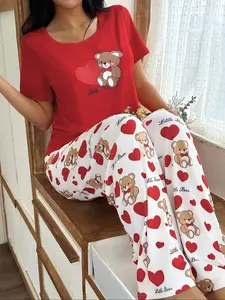 Valentine's Day Women's Home Set, Romantic Love Heart and Cute Cartoon Bear Pattern Two-Piece Pajamas, Short Sleeve T-Shirt and Elastic Waist Pants, pjs, Loungewear, Nightwear