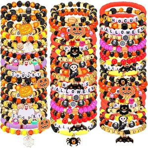 60 count Halloween Bracelets Bulk Beaded Stretch Bracelets with Pumpkin Spider Ghost  Web Charms Elastic Layering Halloween  Stackable Bracelet for Party  Gifts