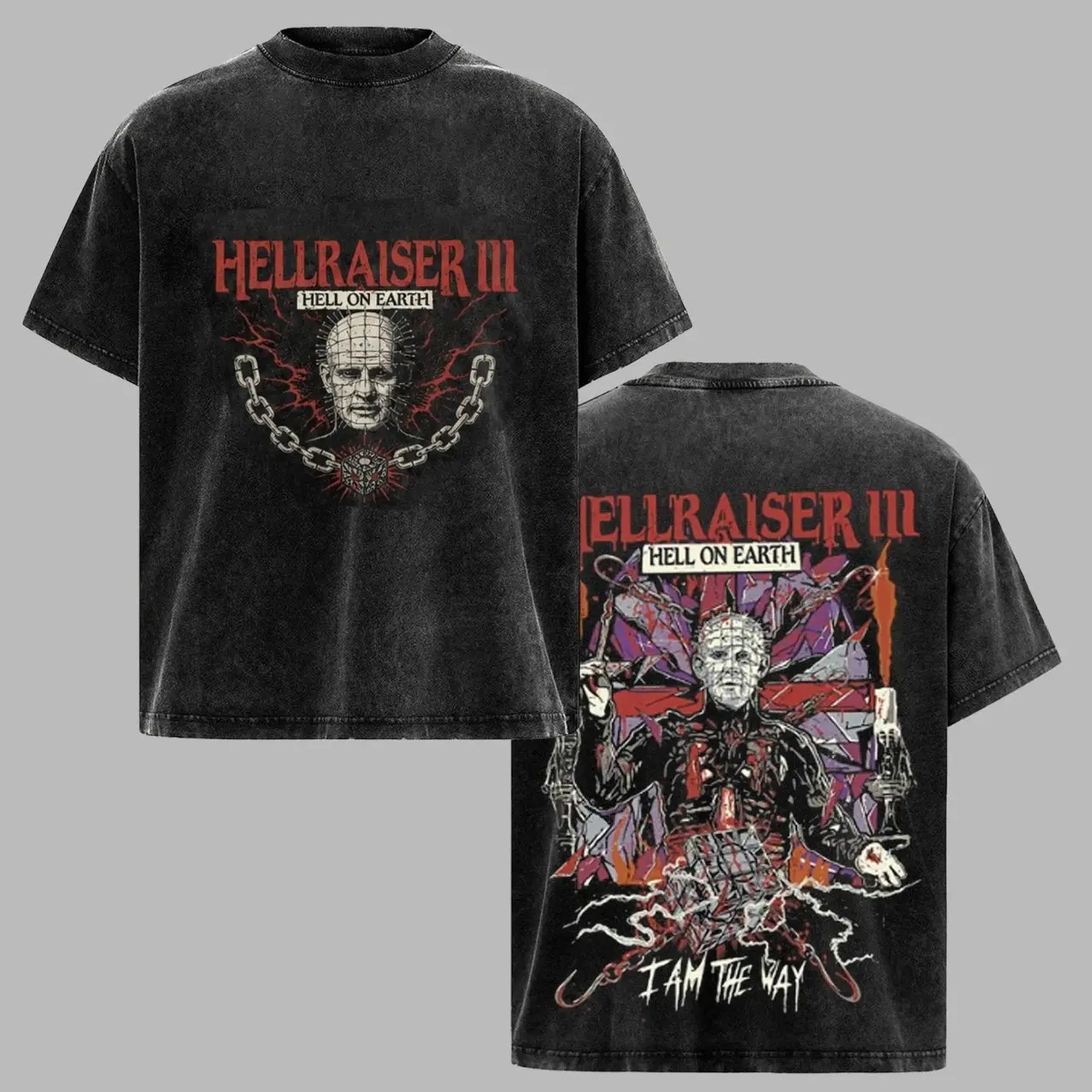 Hellraiser III Hell On Earth Vintage Horror Graphic T-Shirt Hoodie, Pinhead Chain Puzzle Box Washed Black Tee, Retro Scary Movie Shirt, Cult Horror Poster Art, Halloween Streetwear, Unisex Horror Fan Gift KYM
