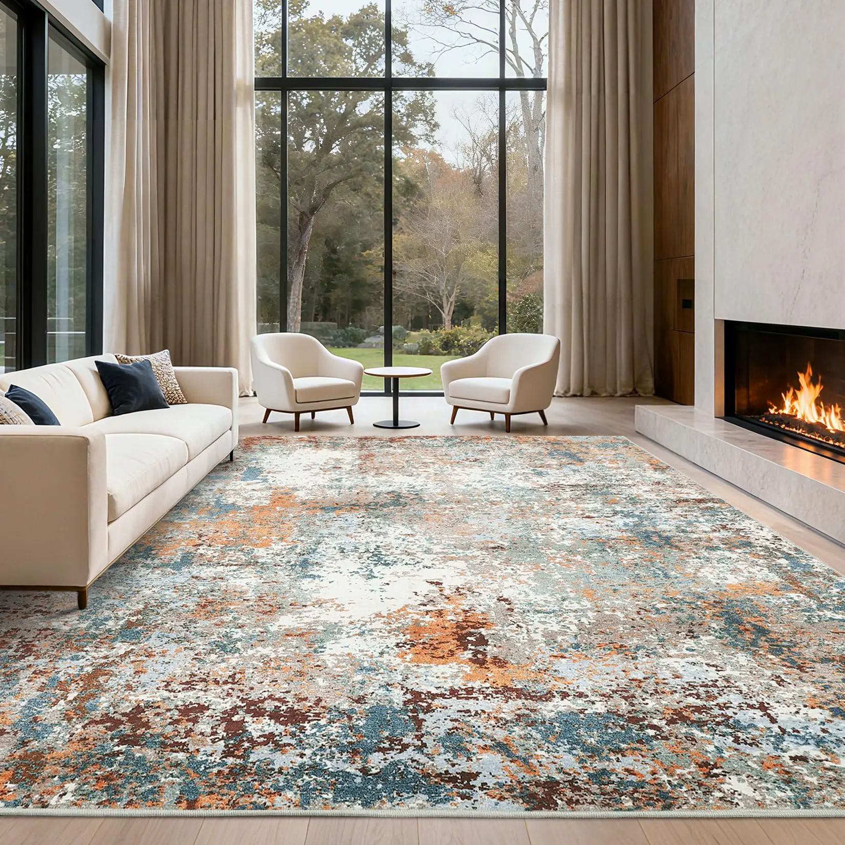 Modern Abstract 5x7 Area Rug for Living Room, Washable Accent Non-Slip Low Pile Bedroom Rug, Indoor Contemporary Floor Carpet for Dining Room Kitchen Office, Multi Color