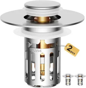 2PC Solid Metal Bathroom Sink Stopper-Brass Core & Stainless Steel Construction-Dual Function Bathroom Sink Drain Strainer-Universal Fit 99% Bathroom Drain-(1.1'' to 2.36'' inch)