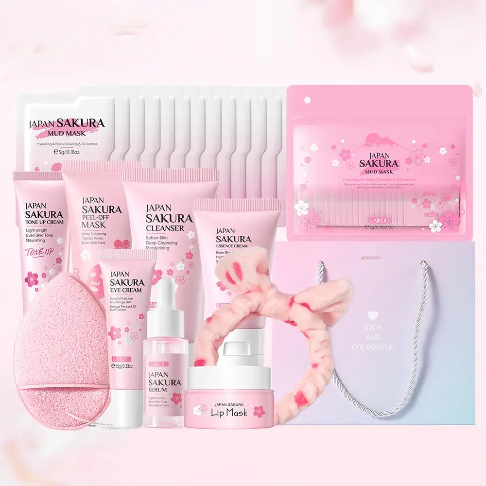 [Sakura Skin Care] 11pcs Sakura Skin Care Set | Gentle Cleansing Moisturizing Hydrate With Cleansing Brush & Hairband - Facial & Eye Care Gift Set