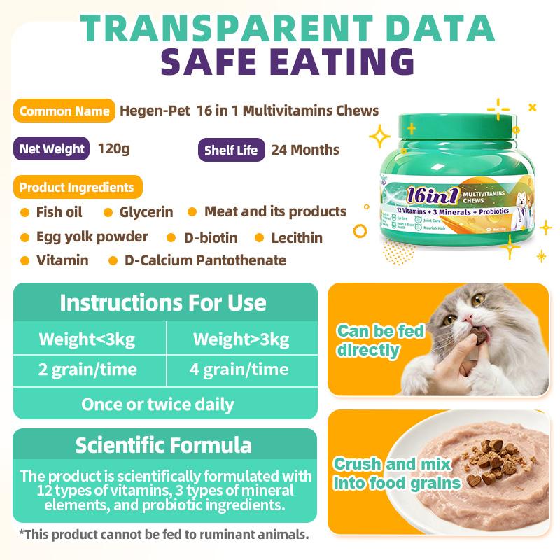 Hegenpet 16-in-1 Multivitamin Heart-Shaped Chews forDogs & Cats - Visible Hair Growth, Shiny Coat & Joint Care -Immunity Boost (120g)