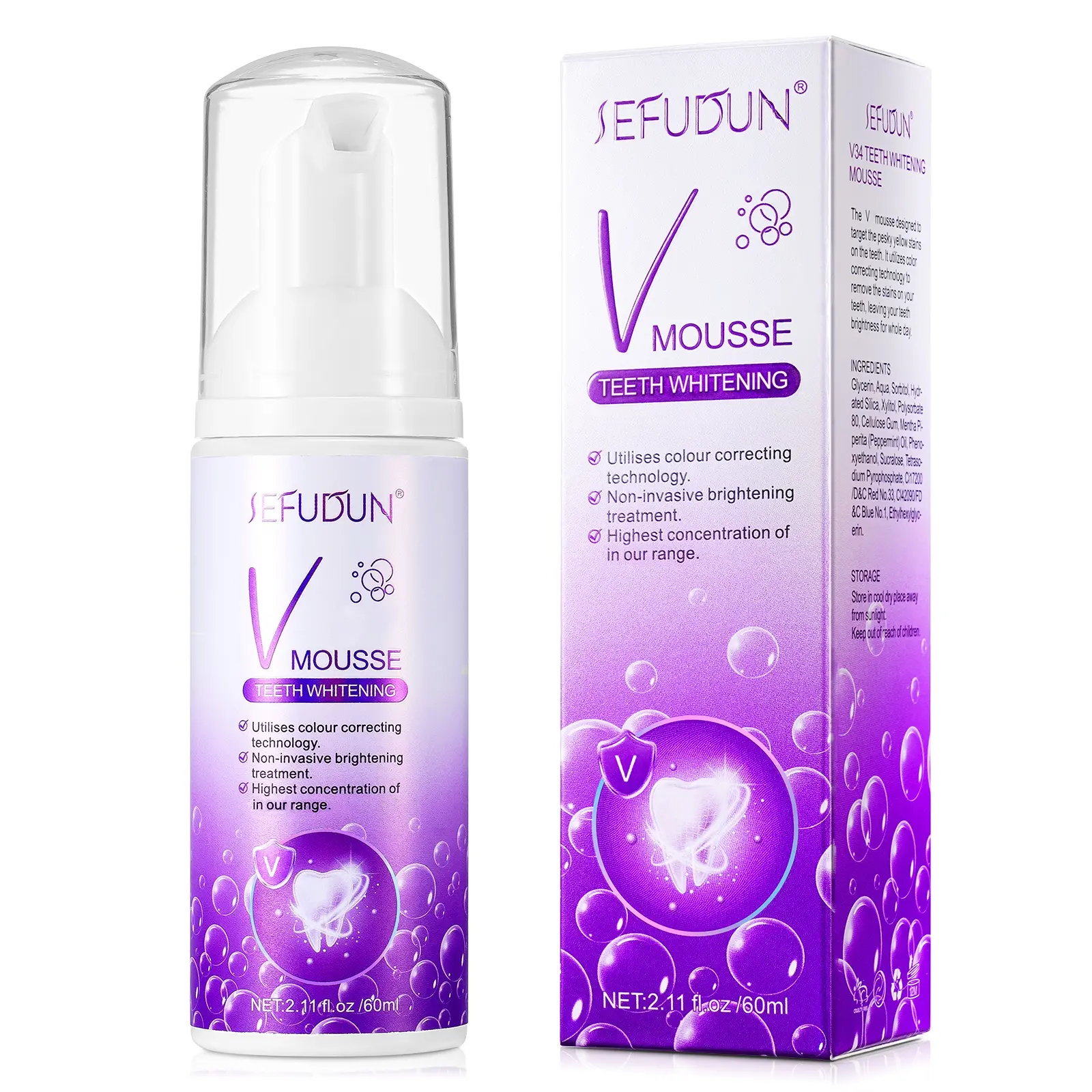 1 Count, 60ml, SEFUDUN Purple Tooth Whitening Foam, Natural, Freshens Breath, Non-Irritating Toothpaste for Smokers & Coffee Drinkers, Daily Oral Care, Gentle on Sensitive Teeth - Travel Essential, Teeth Cleanser, Helps Prevent Cavities.