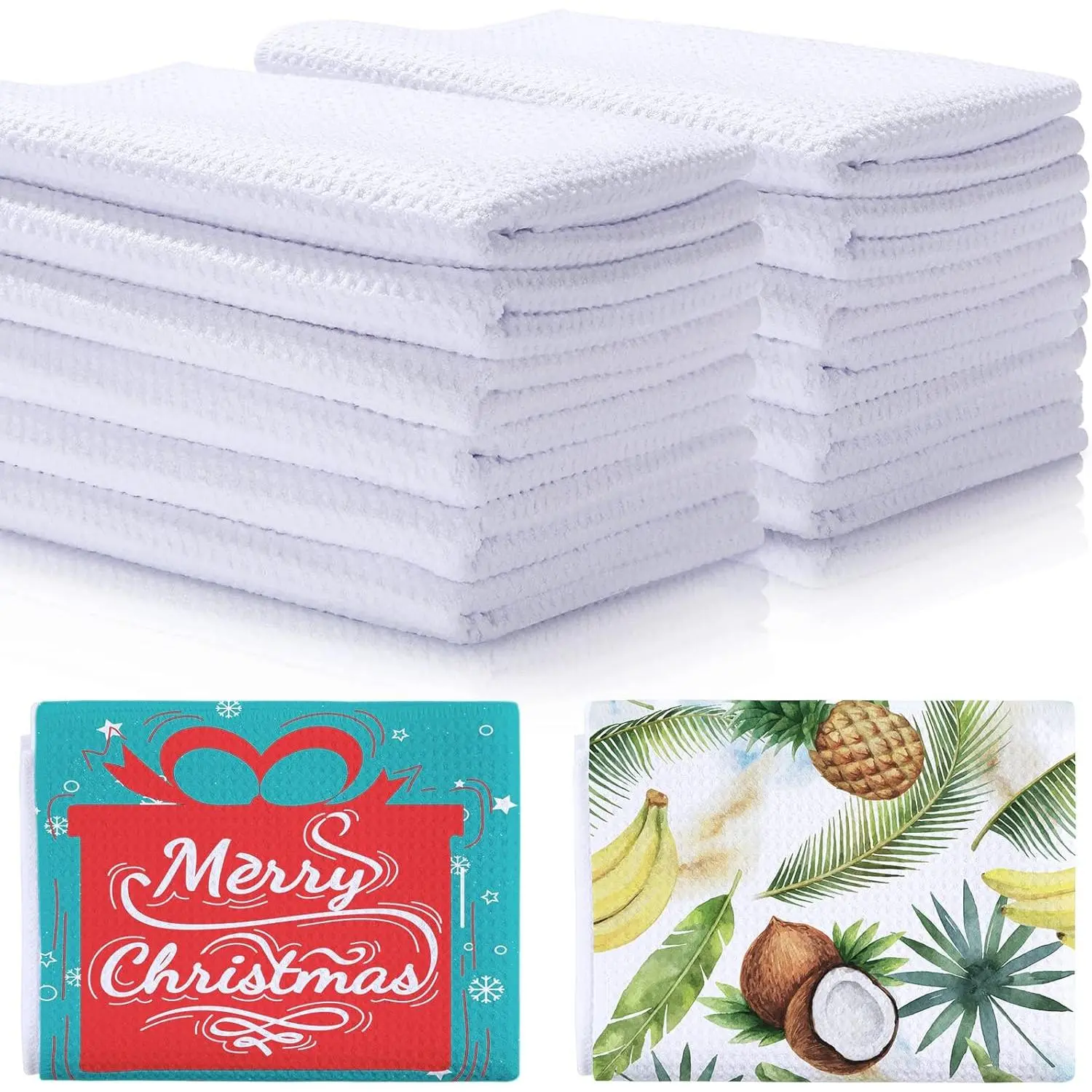 24-Piece Microfiber Material Sublimation Kitchen Towel Blanks, 24x16in Waffle Knit Tea Towels - Soft, Comfortable, Water Absorbent, Fast-Drying, Long-Lasting for Home Cleaning, Christmas Gifts
