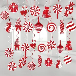 60pcs Christmas Candy Hanging Swirl Decoration Xmas Candy Ceiling Hanging Streamers Christmas Red White Peppermint Candy Cutouts Ornaments for Christmas Holiday Party Classroom Home Decor