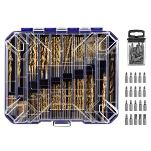 276pc Titanium Twist Drill Bit Set with S2 Bits 135 °   Tip High Speed Steel, Size from 1/16" up to 1/2", Ideal in Wood Cast Iron Aluminum Alloy Plastic Fiberglass, Clear Lid Case