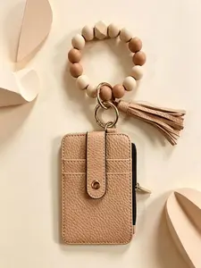 Silicone Beaded Wristlet Keychain with PU Leather Card Holder Wallet, Hands-Free Tassel Bracelet Key Ring Purse for Women, Portable ID Credit Card Holder for Travel Daily Use