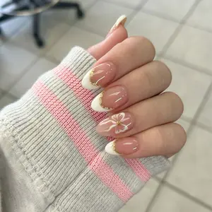 24 Pcs Luxury Sweet Style Nail Set, Transparent Nude Base Color, Gold Glitter Details, Butterfly Knot Decor, Easy DIY Manicure, Nail Art Kits