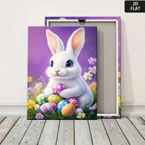 2D Flat, Easter Bunny with Colorful Eggs & Purple Hues Spring Celebration Wall Art - Wrapped Canvas Poster with Wooden Frame, White Rabbit & Pastel Eggs on Vibrant Purple Background, Layered Landscape Painting for Living Room, Bedroom,	