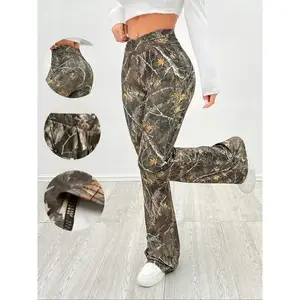 DARRYL COMMENT MOMENT Women's Camo Slim-Fit Flared Leggings High-Waisted Comfortable Casual Trousers Pants Cross Waistband Wide Leg Design Camo Pattern Womenswear Bottom