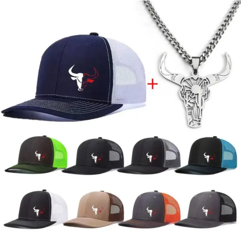 Unisex Western Style Trucker Hat & Bull Skull Pendant Necklace Set, Breathable Polyester Cap with Bull Motif Embroidery for Casual Outfits, Casual Outfits Cap, Baseball Cap