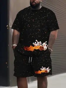 Men's oversized bowling ball-shaped pattern black casual sportswear - Summer short-sleeved T-shirt and shorts set, with drawstring design, loose-fitting sportswear, suitable for jogging and outdoor leisure wear, oversized sportswear set.