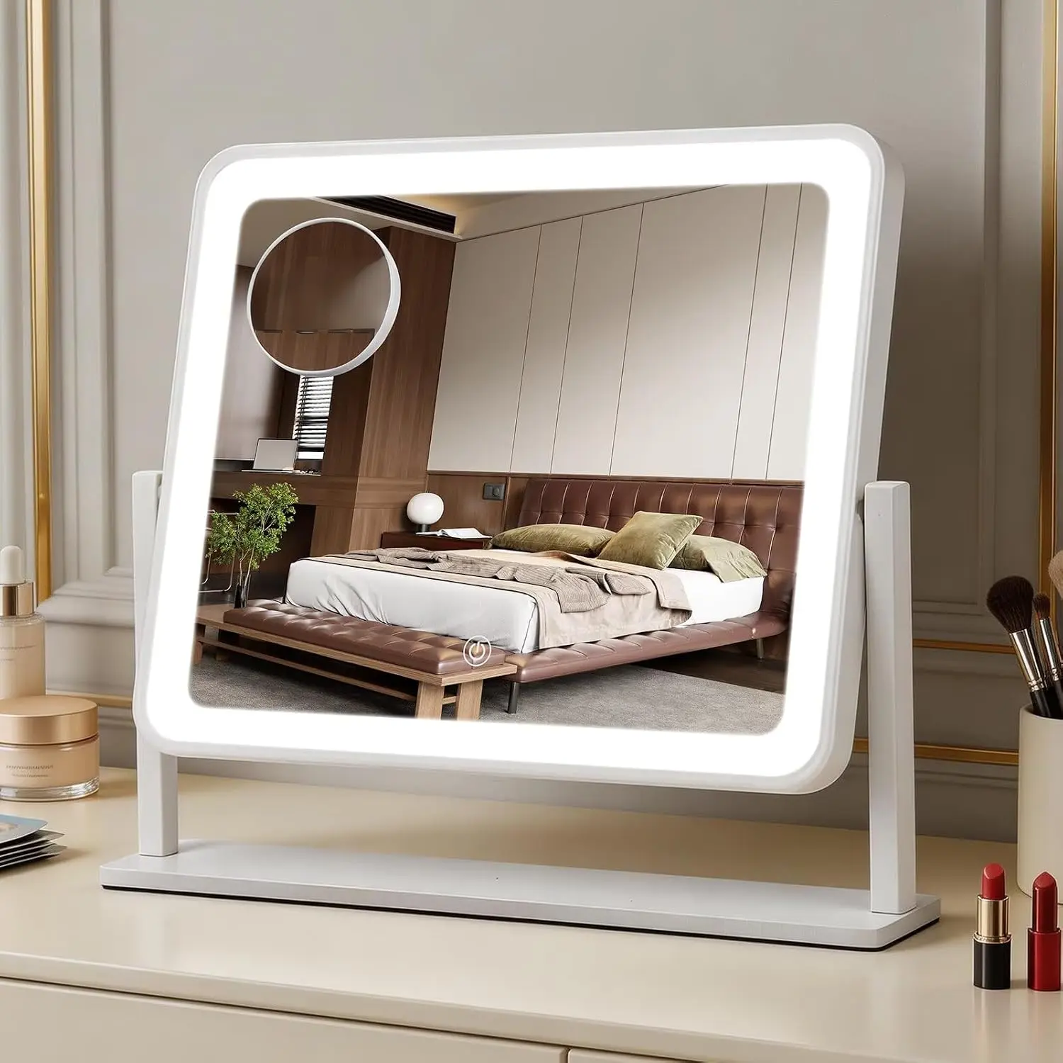 Vanity Mirror with Lights - 14"x12" LED Makeup Mirror, 140 LEDs, 3-Color Dimmable Lighting, 3000mAh Rechargeable Battery, 10X Magnifier, 360° Rotation, Metal Frame, Portable Bedroom Gift