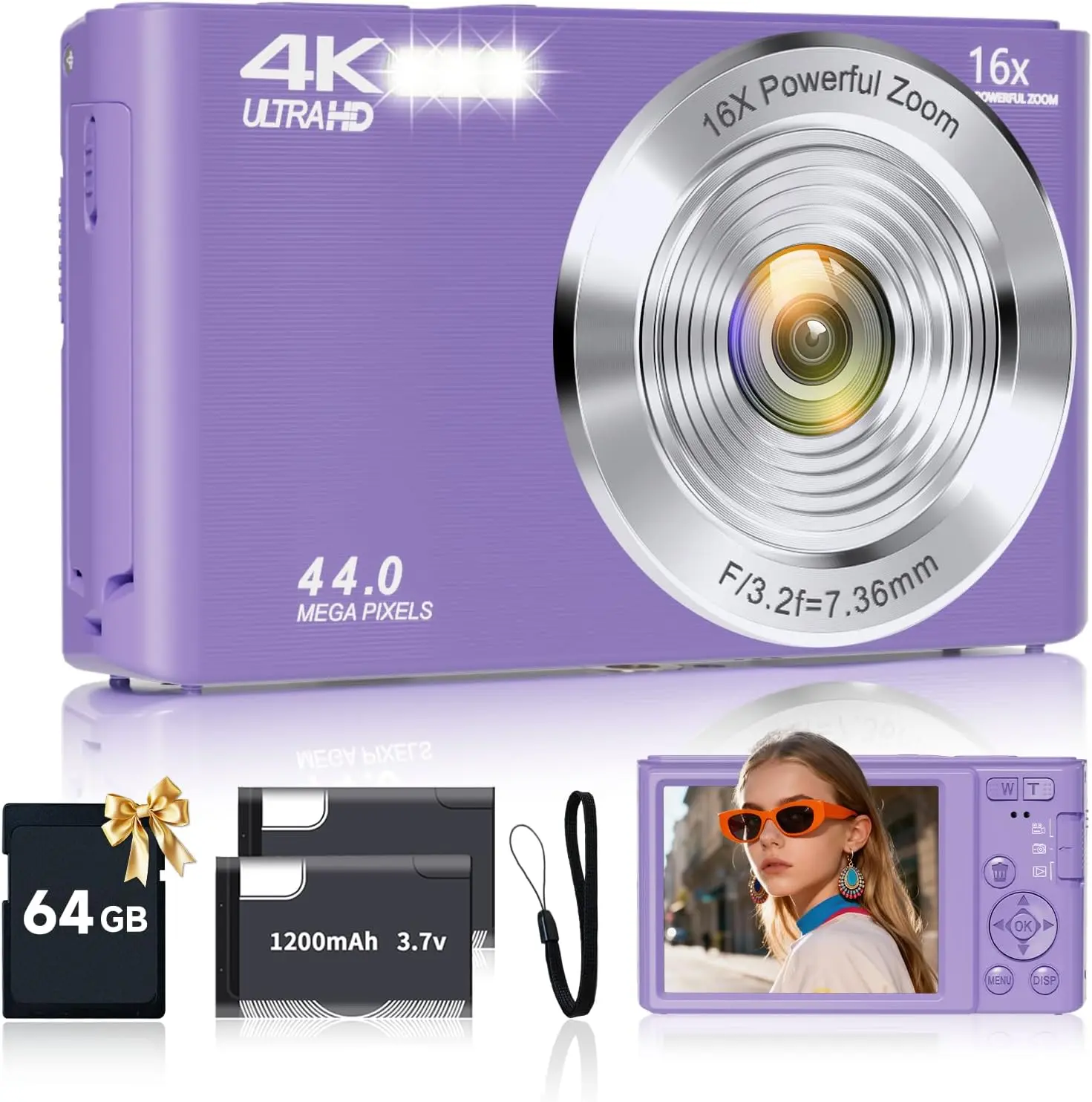 Y2K Retro Digicam, 4K Digital Camera with 44MP HD Photos & 16X Zoom, Compact Vlogging Camera with PC Webcam Mode, Portable Point and Shoot Camera for Beginners, Includes 64GB Card & 2 Batteries