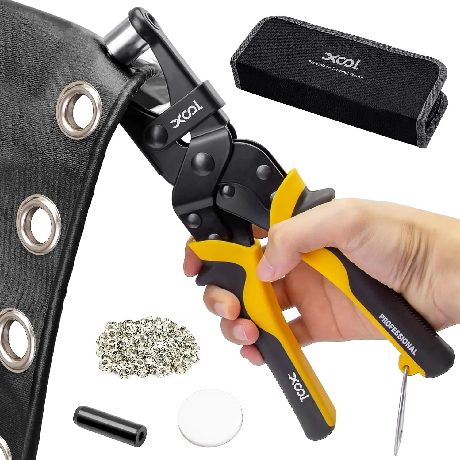 XOOL Grommet Tool Kit, 200 Sets 3/8" 10mm Grommets with Magnetic Positioning, Heavy Duty Grommet Pliers with Hole Cutter for Tarps, Canvas, Fabric, Banners, Leather and DIY Crafts