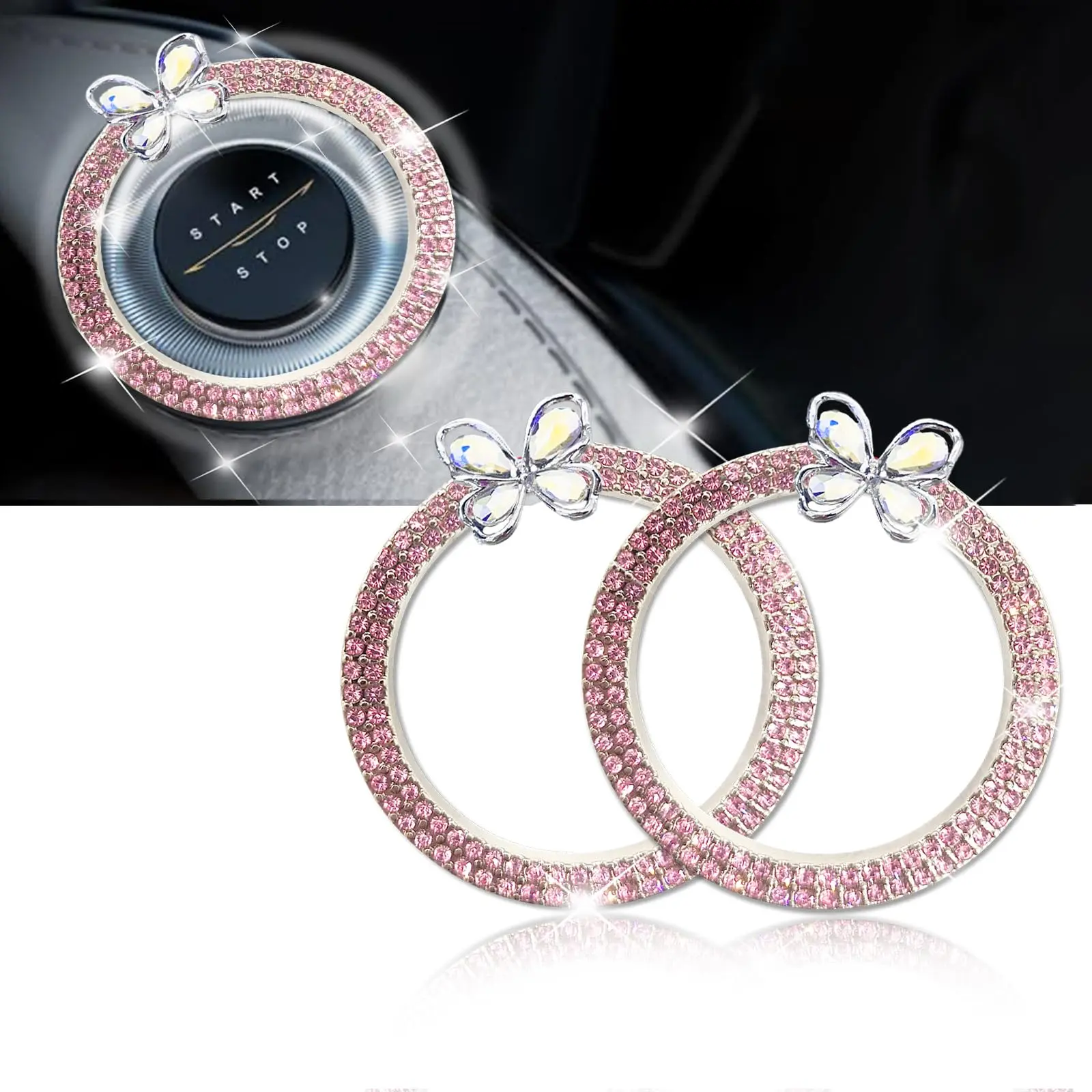 2 Transparent Butterfly Car Bling Crystal Rhinestone Engine Start Ring Decals  Sparkling Interior Accessories For Women Push Button Cover Key Ignition Knob Pink1