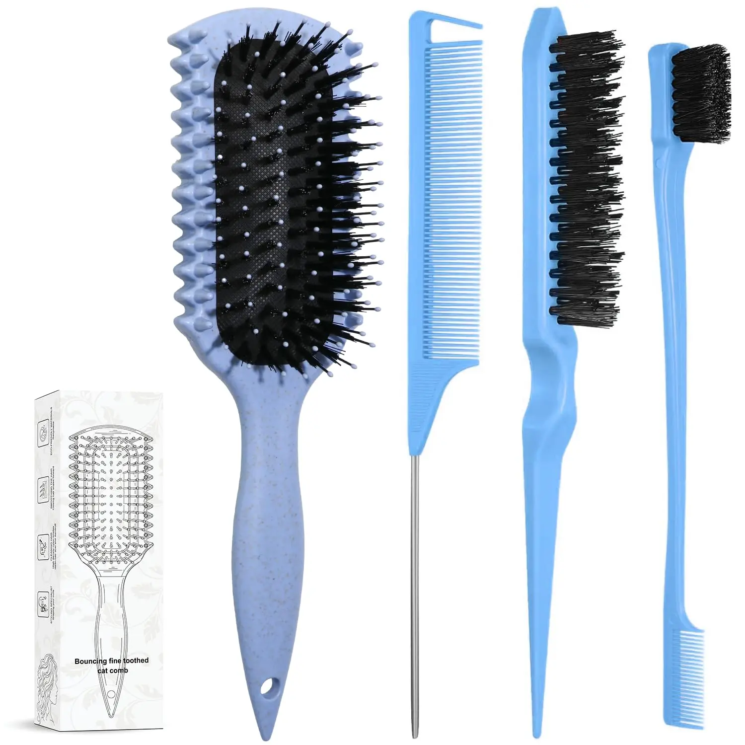 Curl Defining Brush, Curly Hair Brush Products with 3 Pcs Slick Back Hair Brush Set Bristle Brush Edge Control Teasing Comb for Women (Blue) LSKHJT