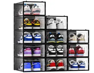 12 Pack Shoe Storage Bins | Space Saving Foldable Shoe Rack | Shoe Box Sneaker Holder Container |  Shoe Organizer for Closet